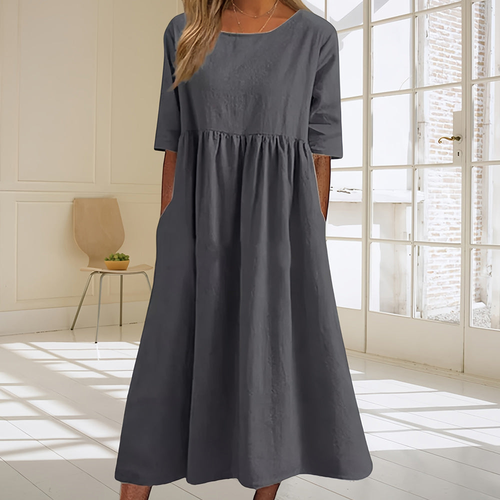 Damen Rundhals Locker Geschnittenes Midi Sommerkleid – Leichtes Freizeitkleid