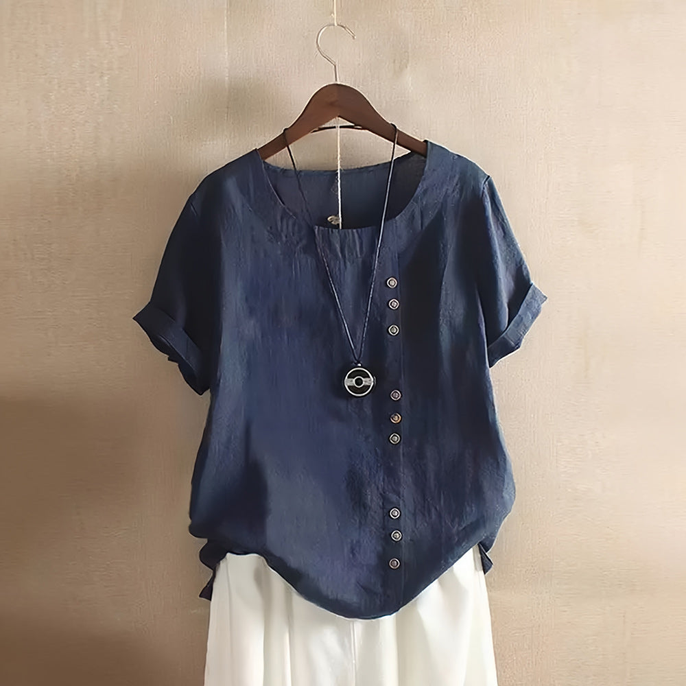 Sommerliche Damen-T-Shirt-Oberteile im Retro-Stil aus Baumwolle und Leinen