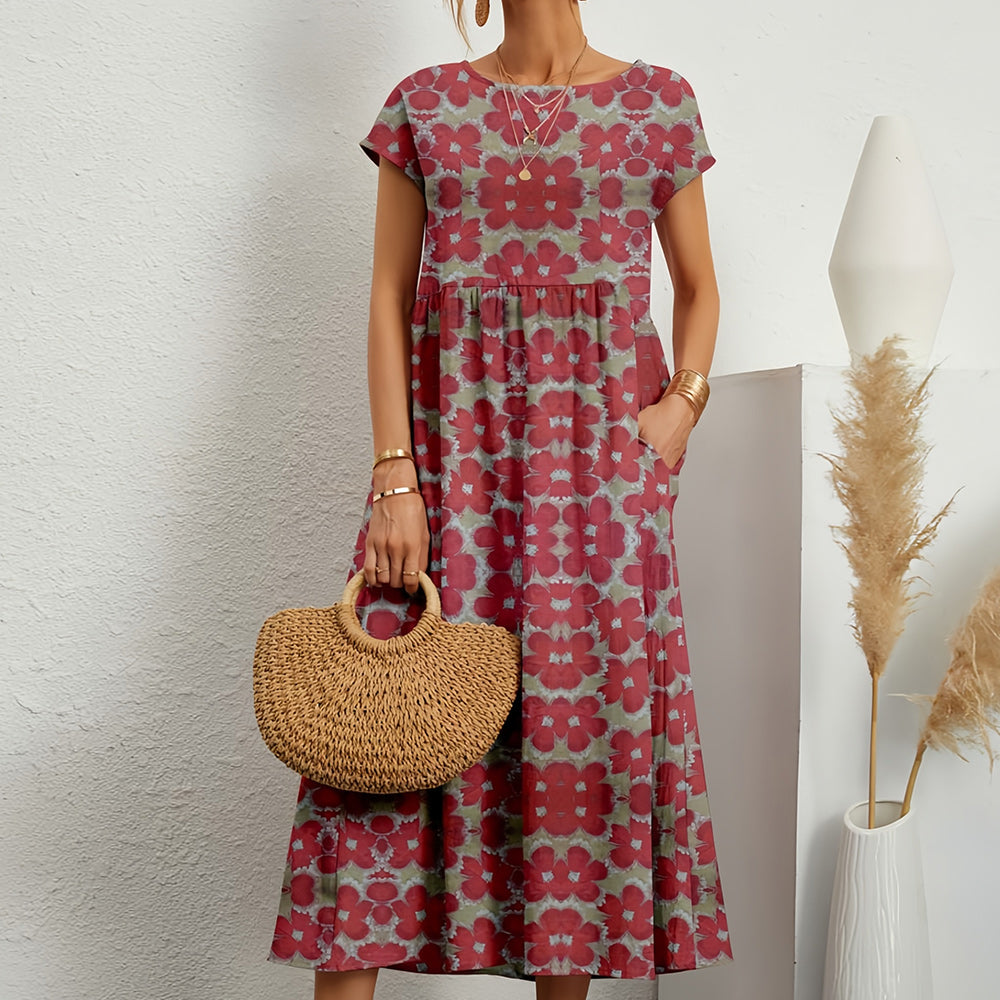 Neues lockeres Kleid mit Rundhalsausschnitt aus Baumwolle und Leinen