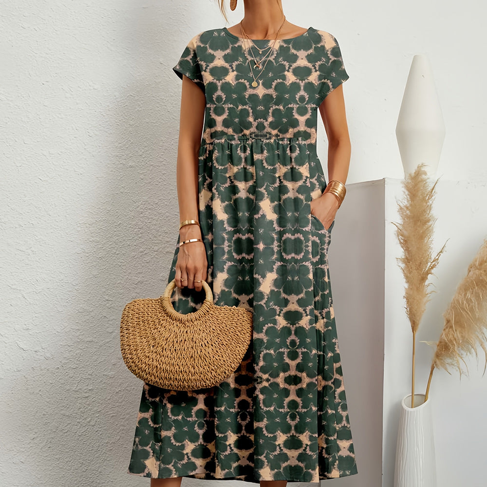 Neues lockeres Kleid mit Rundhalsausschnitt aus Baumwolle und Leinen