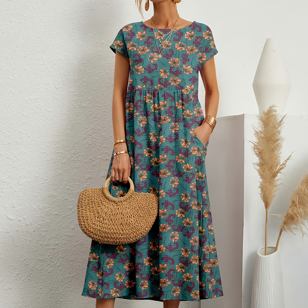 Neues lockeres Kleid mit Rundhalsausschnitt aus Baumwolle und Leinen