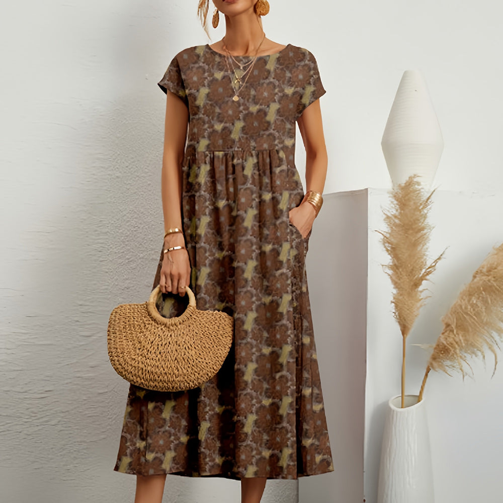 Neues lockeres Kleid mit Rundhalsausschnitt aus Baumwolle und Leinen