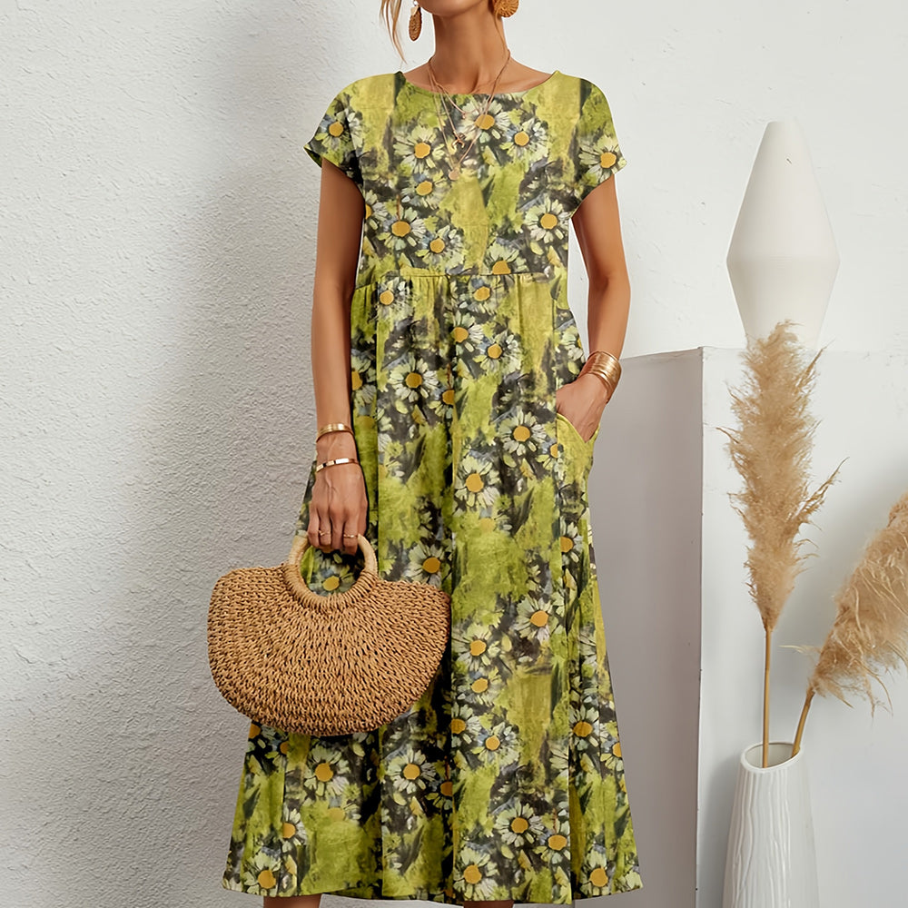 Neues lockeres Kleid mit Rundhalsausschnitt aus Baumwolle und Leinen